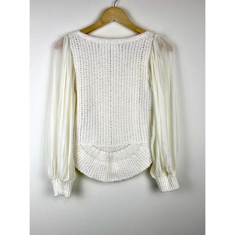 NWT! ANTHROPOLOGIE‎ Sheer Long-Sleeve V-Neck Knit Sweater Ivory Cream Size S - Picture 9 of 11